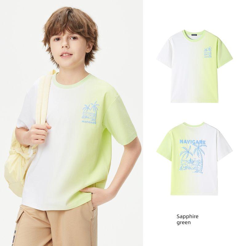 Navigare Italian Small Sailboat Children s Clothing Boys  Short-Sleeved T-Shirt 2026 Summer Thin Gradient T-Shirt Top Gradient Coconut Tree-Sapphire Green 140