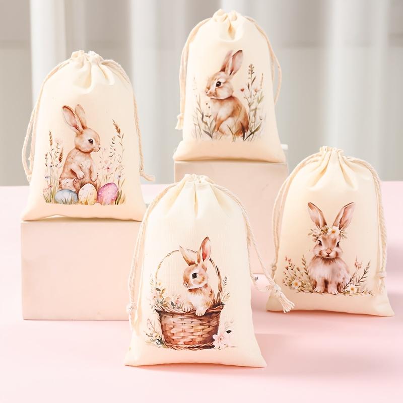 6pcs Drawstring Gift Bags, Cute Rabbit Bunny & Flowers Drawstring Candy Gift Bags Sack Bag, for Holiday Presents, Spring Indoor
