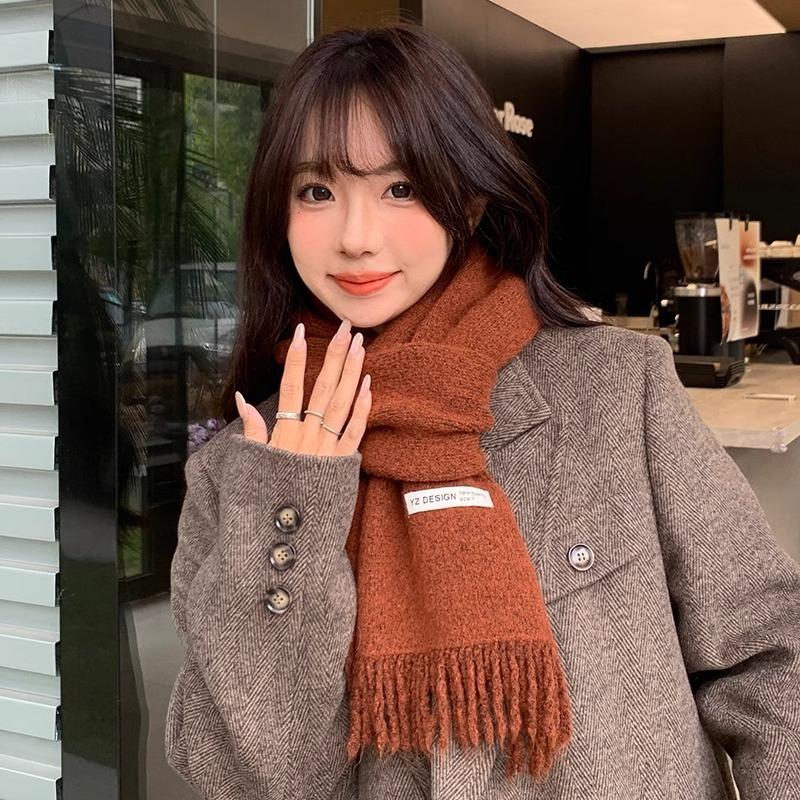 Winter new Korean version versatile solid color fringed edge dopamine long scarf winter warm and cold scarf