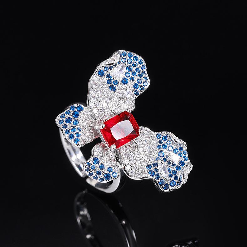 Personalized Fashion Butterfly Open Ring, Emerald Colored Treasure Ring, Three-Dimensional Exaggerated Butterfly Zircon Ring.