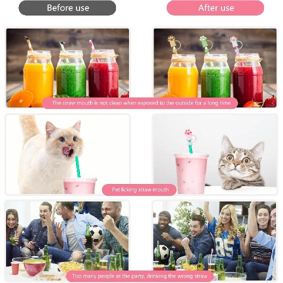 6 PCS Cat Straw Cover Protector Reble Drinking Accessories Silicone Cat Paws Straw Topper Compatible with 10 mm Straws