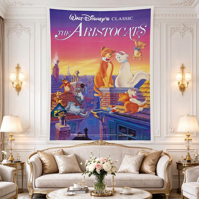 The Aristocats classic Disney poster shows Duchess and O'Malley on Paris rooftops at sunset, pink orange sky, charming vintage Room Decor Accent