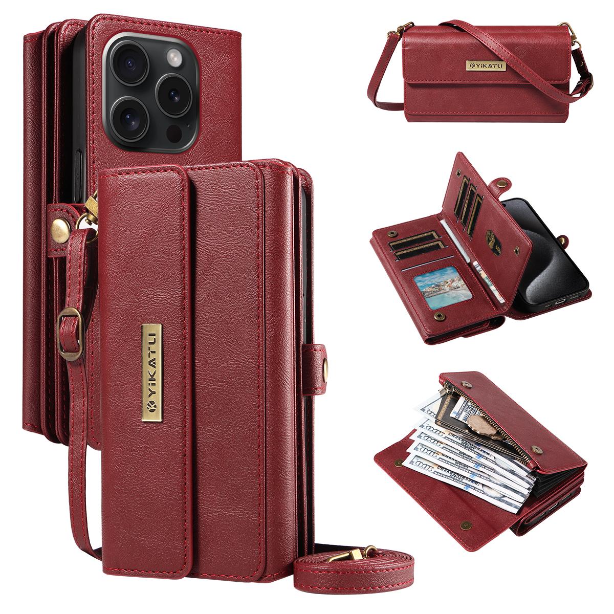 

For iPhone 15 Pro Case YIKATU YK-008 Zipper Wallet Leather Phone Cover with Shoulder Strap Red