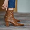 Fashion 2024 Vintage Square Toe High Heels Ankle Boots for Women Brown Pu Leather Zipper Short Boots Woman Autumn Thick Heel Booties