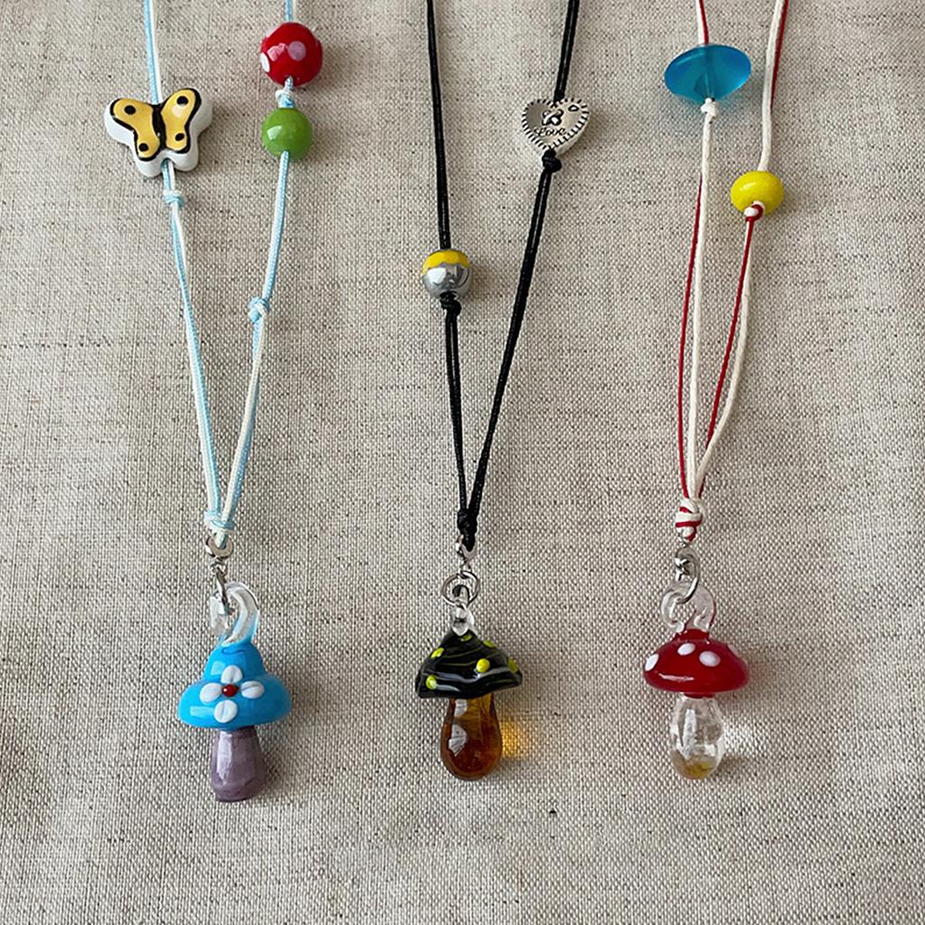 Vibrant Handcrafted Mushroom Pendant Necklace With Adjustable Braided Cord Collarbone Chain For Women Daily Wear