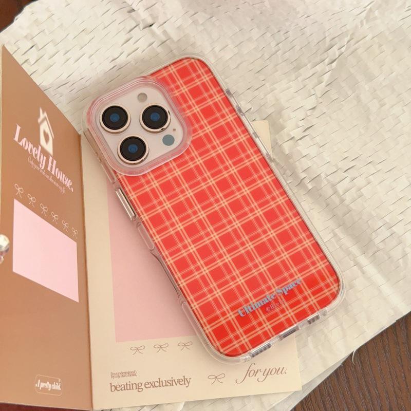 Korean Autumn/Winter Plaid Case for iPhone 17 Pro Max - Brown & Orange for Women