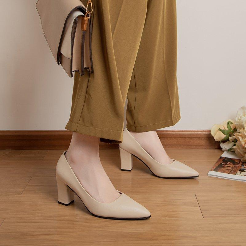Fashion Autumn Newest Women's Leather Thick Heel Single Shoes Ladies Pointed Toe Shallow High Heels Work Pumps Eu 35-41 Black Beige