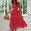 Women Flowy A-line Midi Dress Small Flower Print Patchwork Square Neck Short Bubble Sleeves Pleated Shirring Dating Vacation Dress