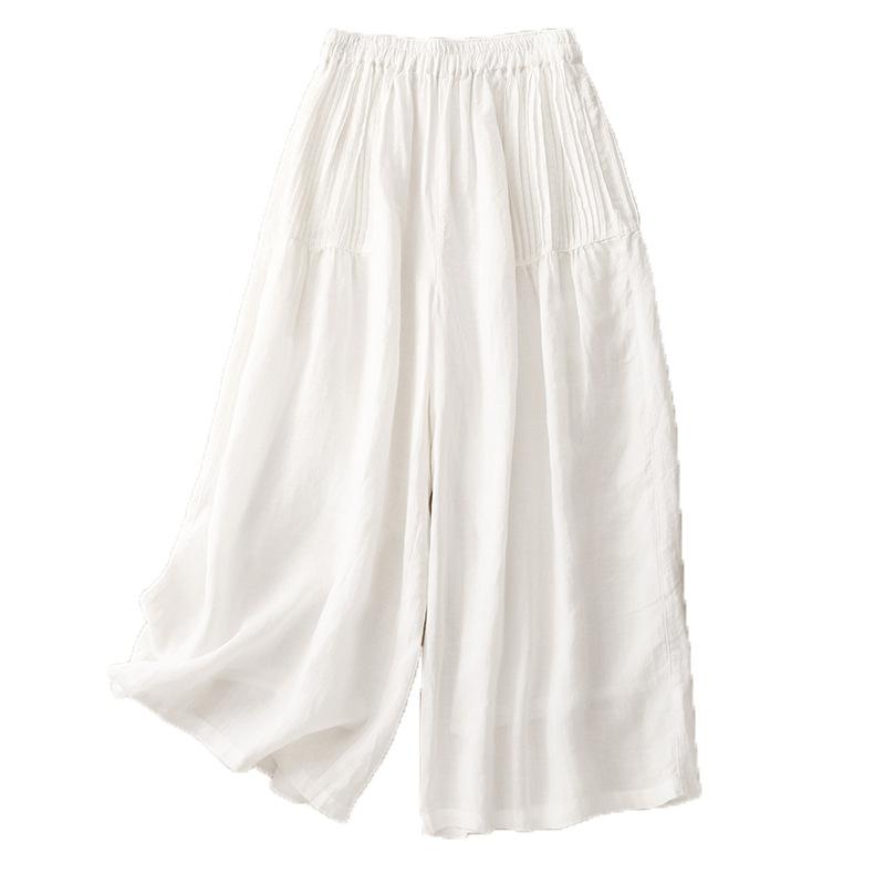 2025 Summer New Retro Pleated Solid Color Cotton and Linen Straight Nine-point Culottes Elastic Waist Foreign Wide-leg Pants Women