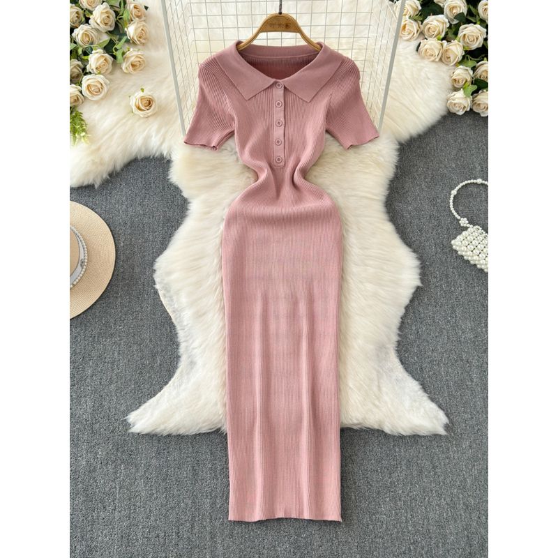 2024 Summer Korean New Elegance Retro Elegant Short Sleeve Polo Collar Waist-Tight Slimming Knitted Hip-Wrapped Dress