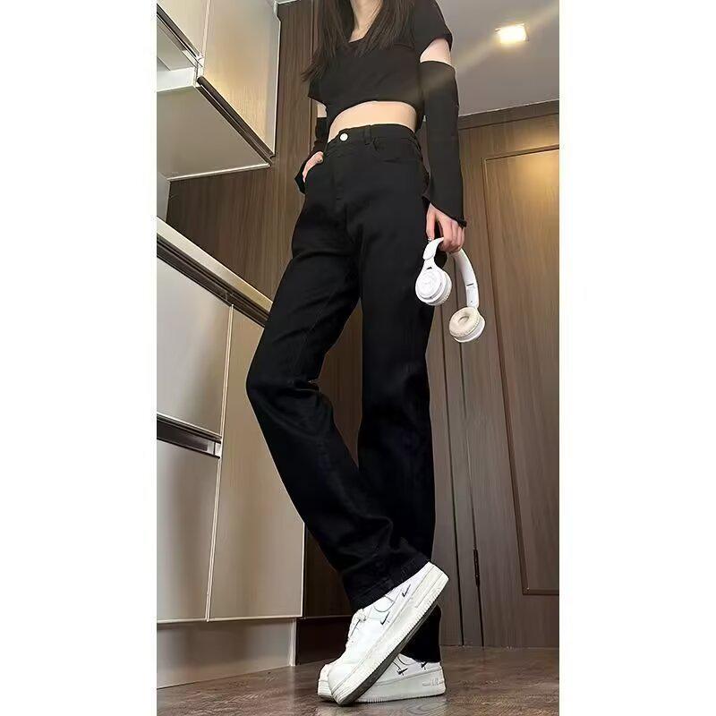 Women's Retro Gray High-Waisted Slimming Straight-Leg Jeans for Spring and Autumn