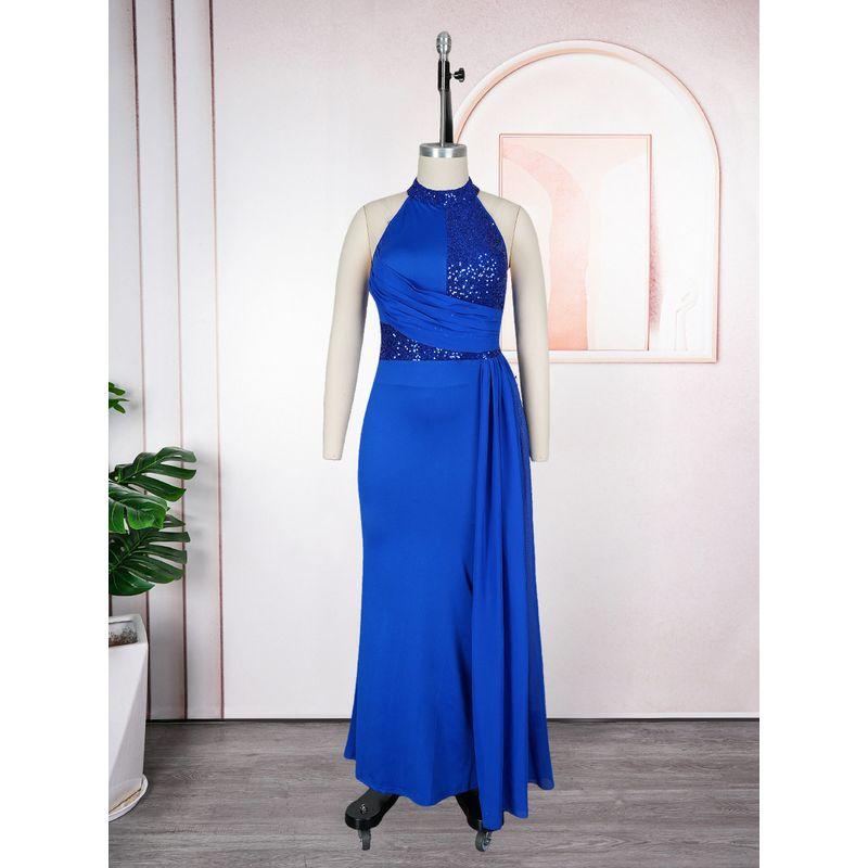 

American Cross-Border Plus-Size Women s Long Dress, African Fashion, Elegant and Sexy Halter Neck High-End Floor-Length Waist-Cinching Evening Gown Blue L