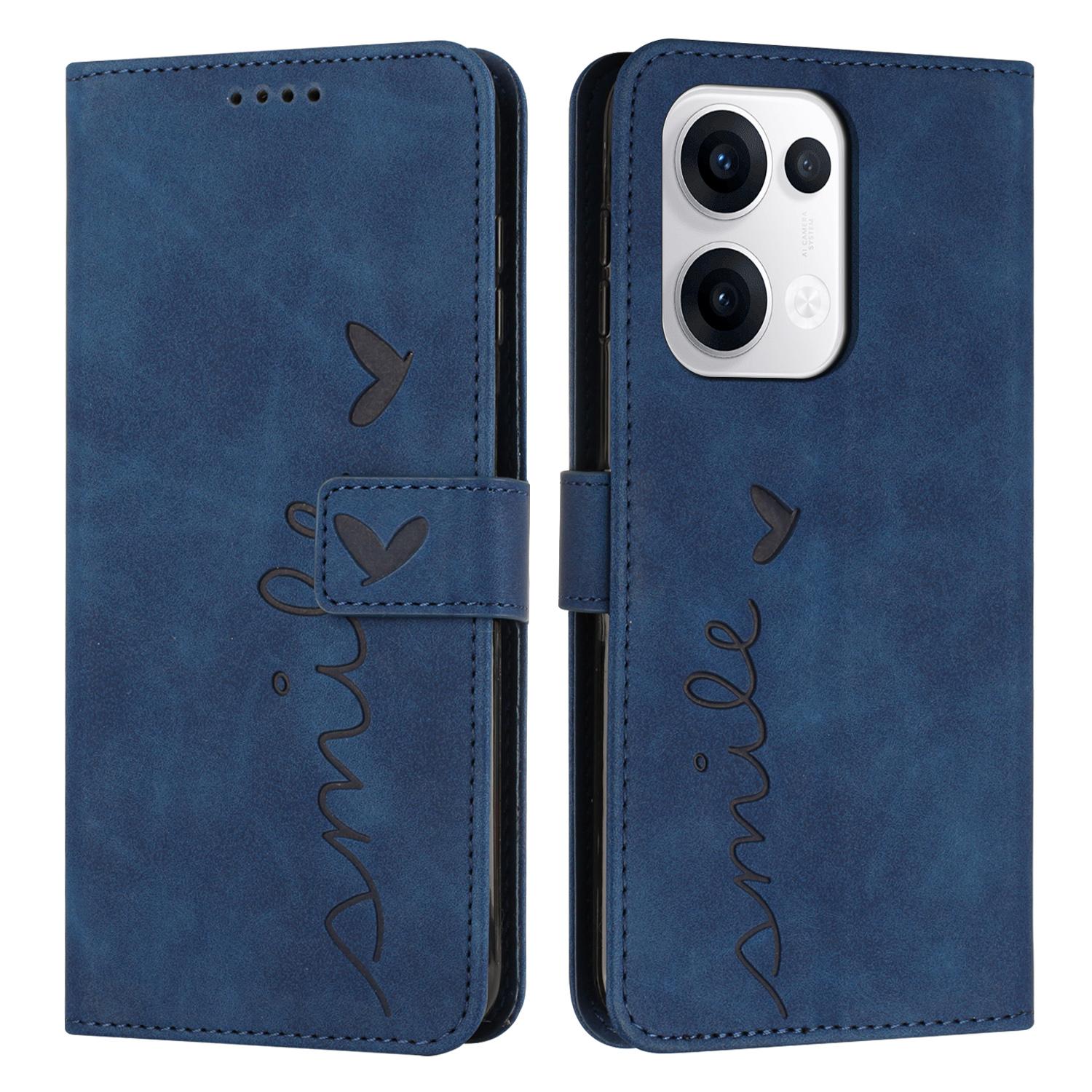 

For Oppo Reno13 5G (Global) Case Viewing Stand PU Leather Phone Cover Imprinted Heart Pattern Blue