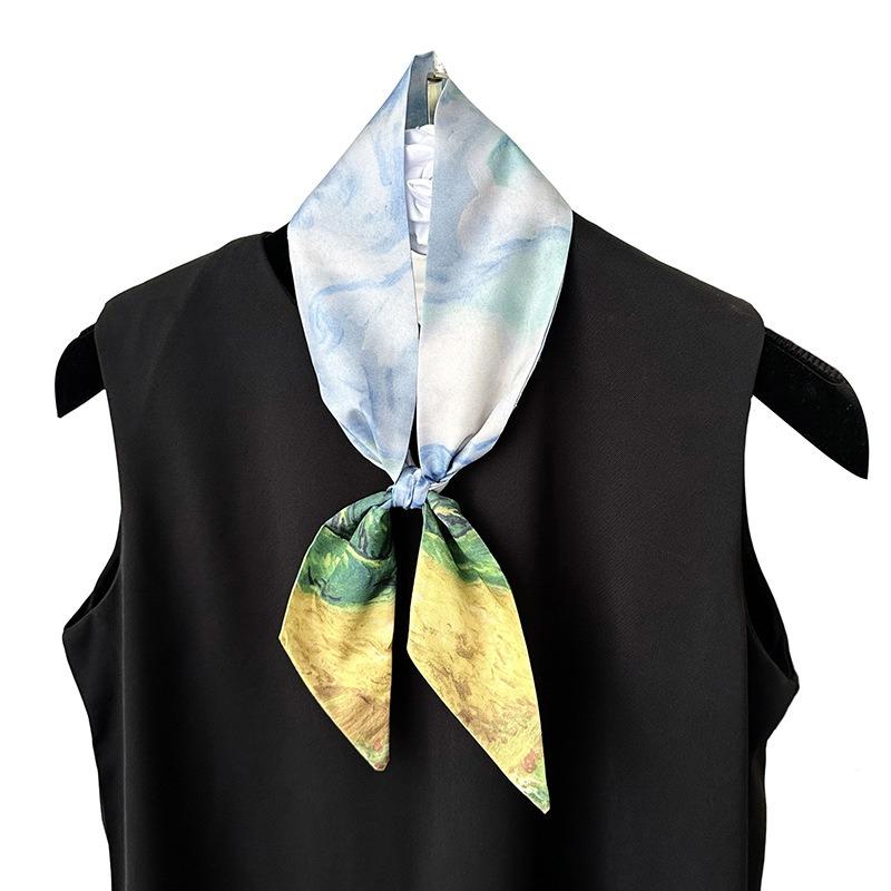 Blue silk scarf, long strip, new fashion, oil painting style, bow, headband, braided hair, tied bag, streamer, multi-purpose waist silk scarf.