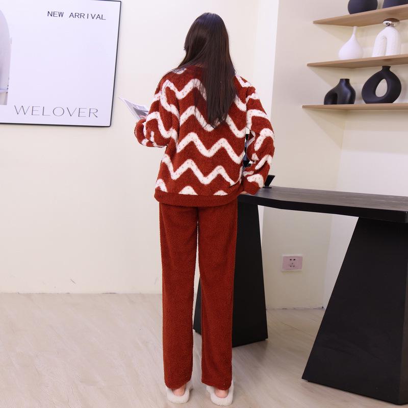 Unisex Winter-Pyjama-Set aus Korallenfleece - Verdickt, mit Plus-Samt, Warme Hauskleidung, Rundhals-Pullover, Perfekt für den Innen- und Außenbereich