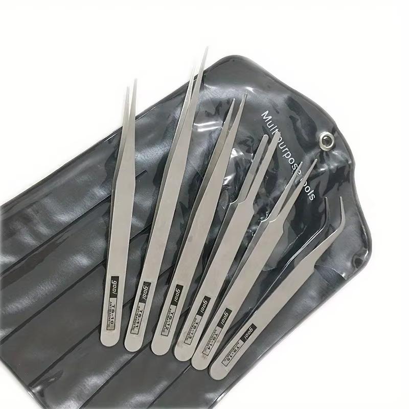6Pcs/Set Stainless Steel Tweezers: Industrial Precision Repair Tool with Bent&Straight Tips, Ideal for Professional Repairs&DIY