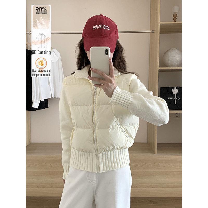 Korean Style Women's Knitted Patchwork Down Vest - Petite Short 90% White Duck Down Outerwear for 2025 Autumn/Winter