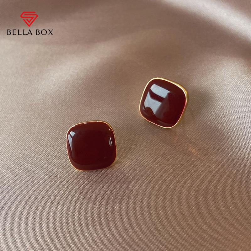 BELLA BOX Świąteczna Srebrna Szpilka Próby 925 Kwadratowe Czerwone Kolczyki, Artystyczny Styl, Retro Kolczyki Sztyfty