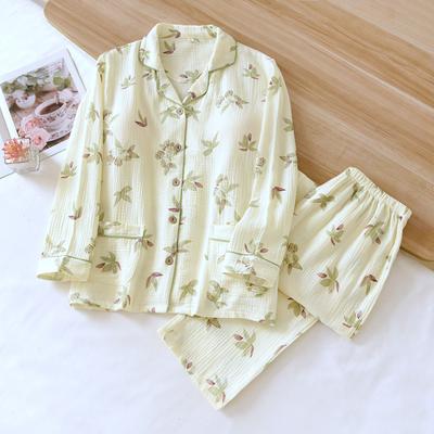 2026 New Women's Pajama Set 100% Cotton Crepe with Chest Pads, Long Sleeved Pants, Cardigan, Home Furnishing Two Piece Set