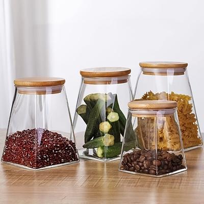 4pcs Glass Storage Jar Set High Borosilicate Glass Canisters for Food Clear Containers with Wooden Lids Kitchen Organizers