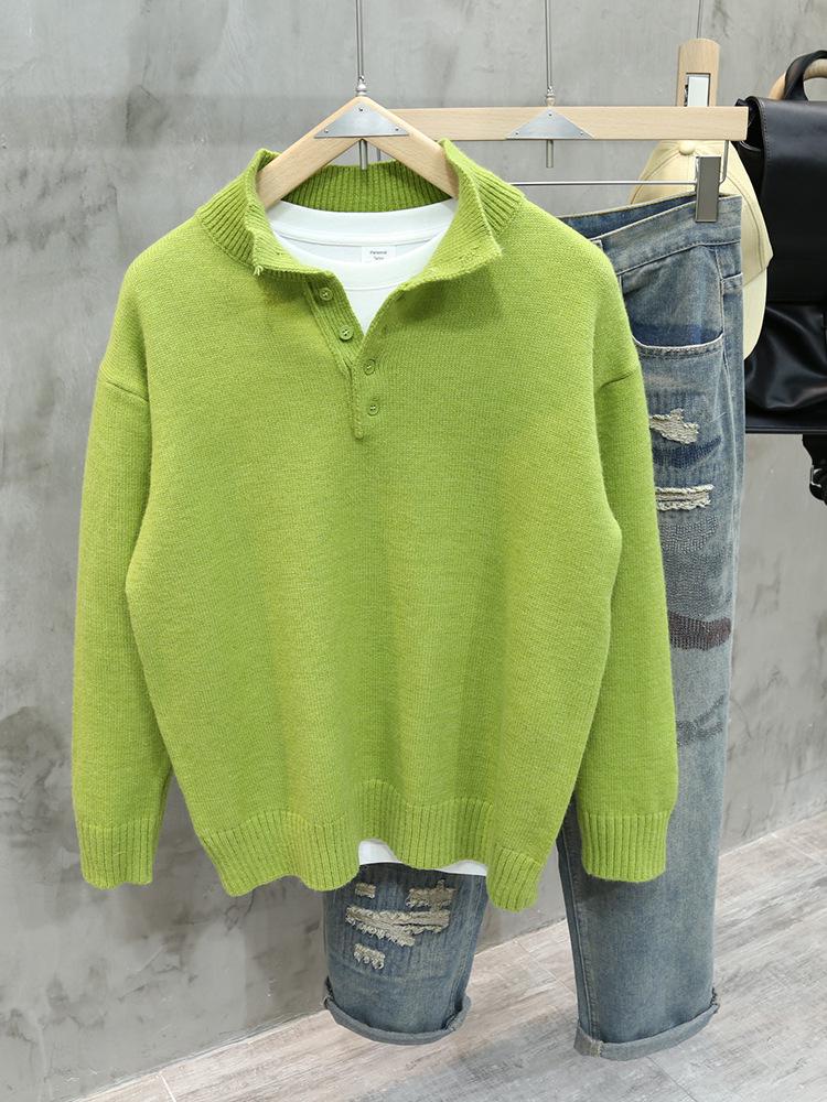 2025 Early Spring Retro Green Henley Men s Sweater - Korean Trendy Loose Knitwear 3XL