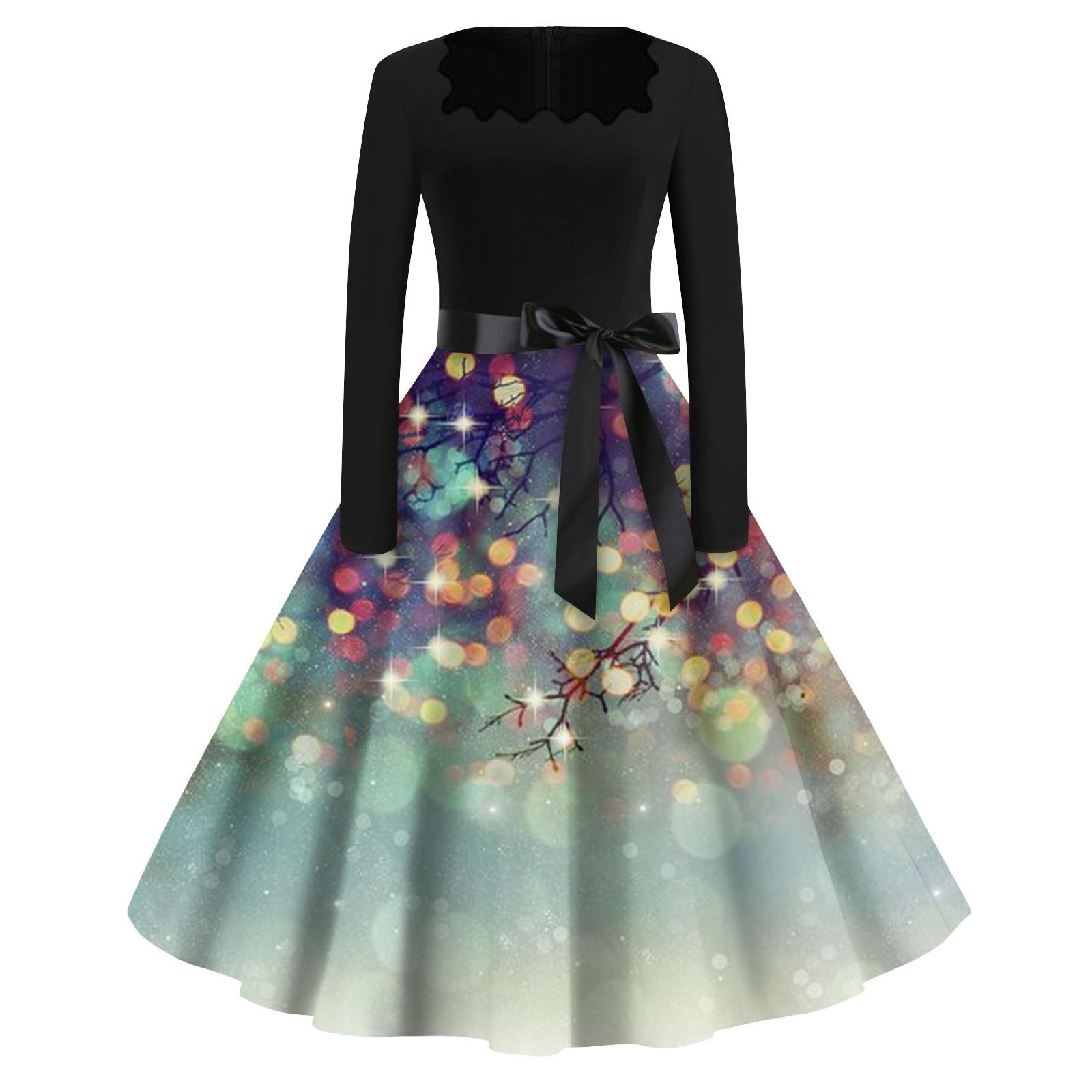 

Женская мода с квадратным вырезом, повседневные тонкие рождественские платья с длинным рукавом и принтом XXXXL