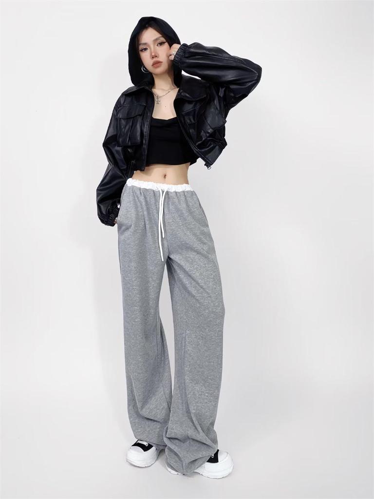 Trendy Women's Elastic Waist Color Block Sweatpants, High Waist Drawstring Loose Wide Leg