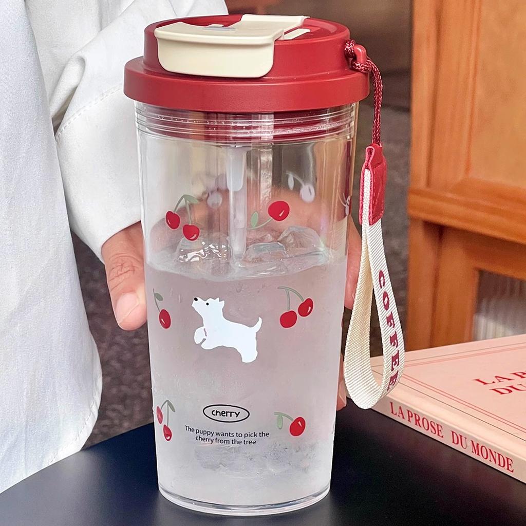 Water bottle summer water cup female ins straw cup student high value tea separation tea cup cherry puppy office worker