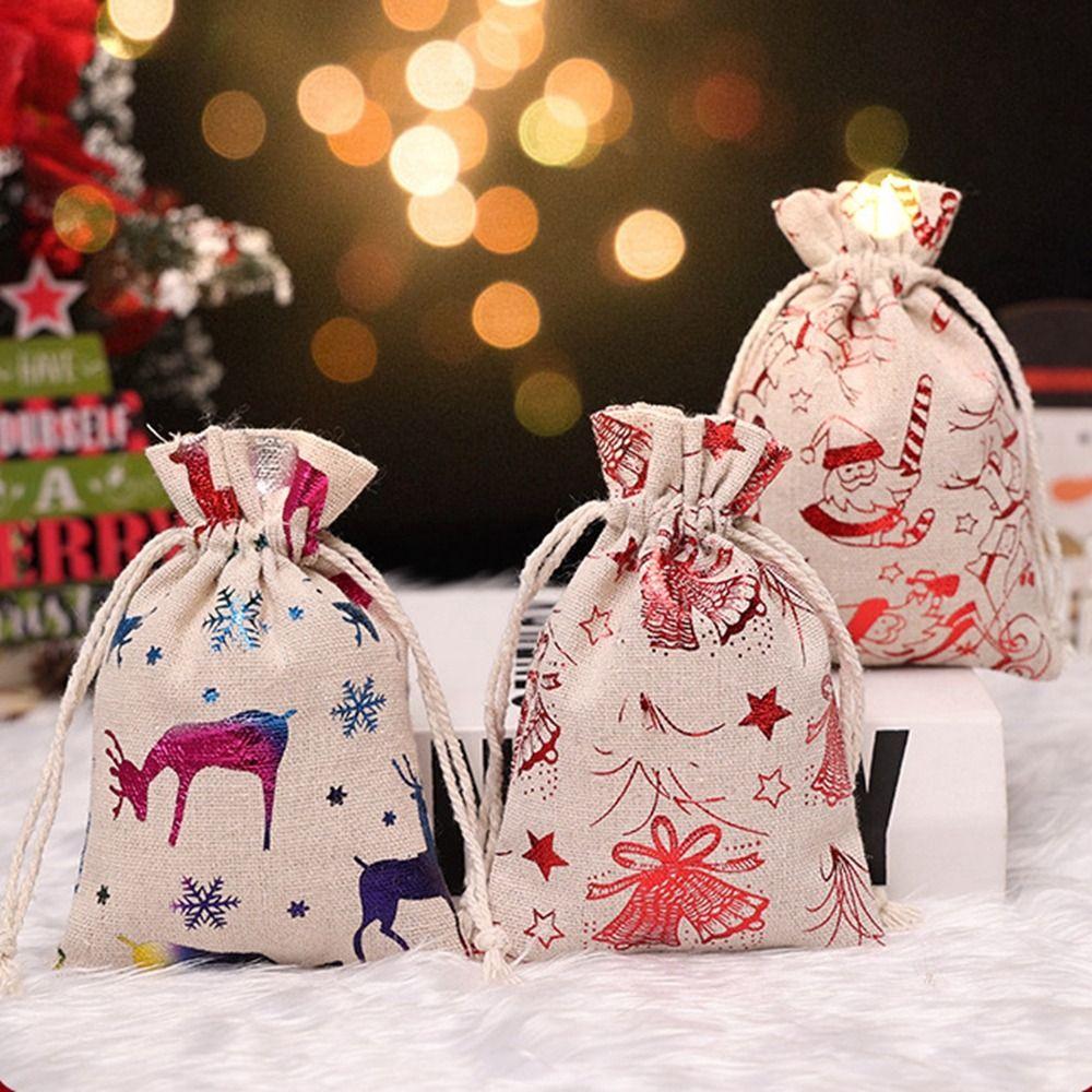 

10Pcs Linen Christmas Candy Cotton Bag Santa Claus Christmas Gift Bag Jewelry