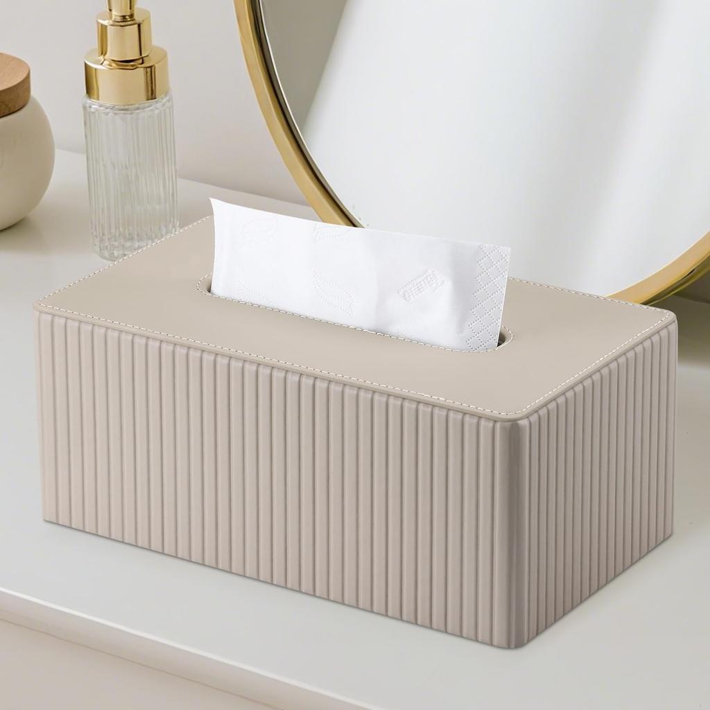 KINGFOM Tissue Case, Modern PU Leather with Stripes, Tissue Cover Box, Paper Towel Case, Tissue Holder, Stylish, Available In 3 Colors, Holds 150-250