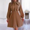 Elegant Høst Vinter Dame Snøring Høy Midje Langermet Plissert Ensfarget Kjole