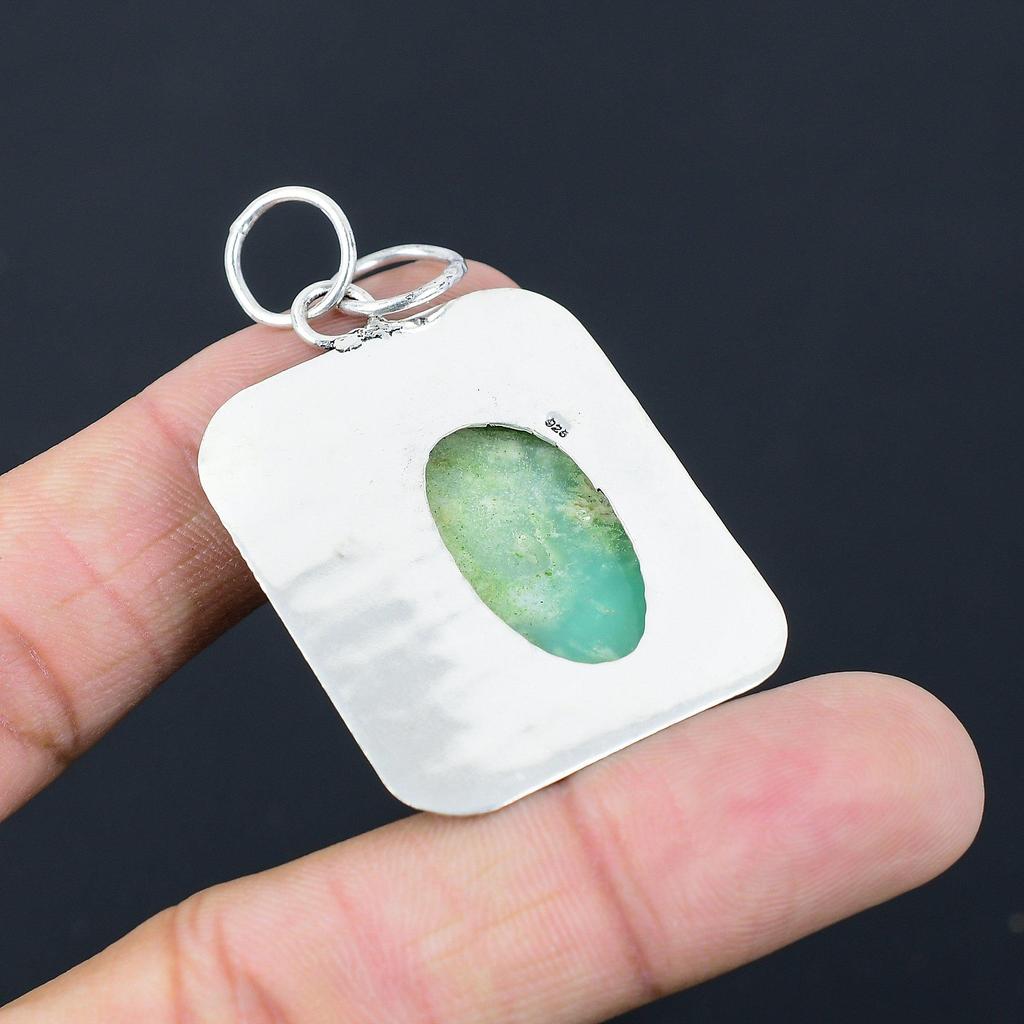 Easter Deal 925 Silver Oval Heart Chakra Chrysoprase Gemstone Boho Wife Pendant
