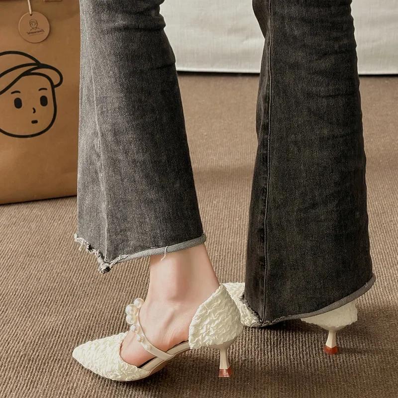Pleated Pointed Toe Pumps Women Temperament Shallow Mouth Thin Heeled Zapatos Mujer Spring Solid Fashion Pearl Tacones Mujer