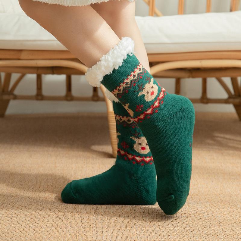 Winter Christmas Themed Women Lamb Fleece Floor Socks, Adult Non-Slip Indoor Snow Socks for Home Carpet
