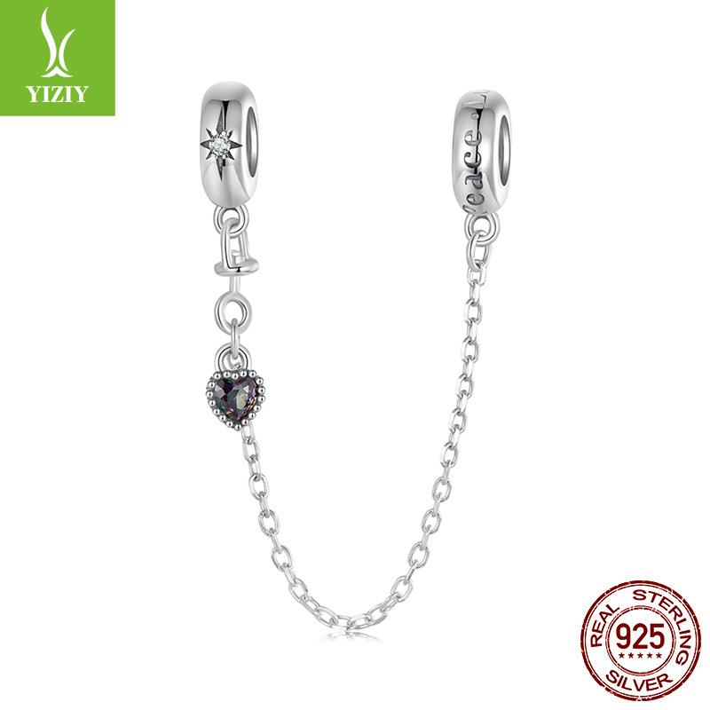 S925 Sterling Silver Beads, Peace And Love Heart Silicone Safety Chain Diy Bracelet Beaded Accessories