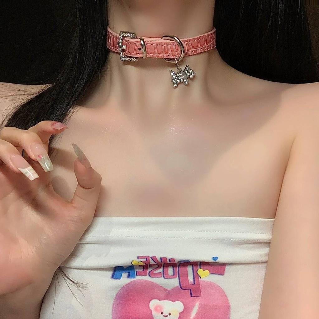 Pink Diamond Y2K Babes Sweet Cool Neck Ring Choker Neck Chain Collar Punk Wind Collarbone Chain Female Necklace Dog