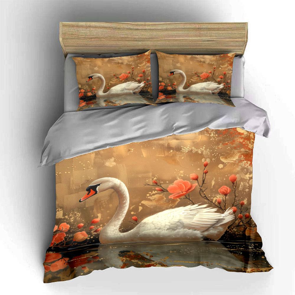 Swan with Pink Floral Background Bedding Set for Kids Luxury Gift 3pcs Digital Print Comforter Set Soft Comfortable Breathable