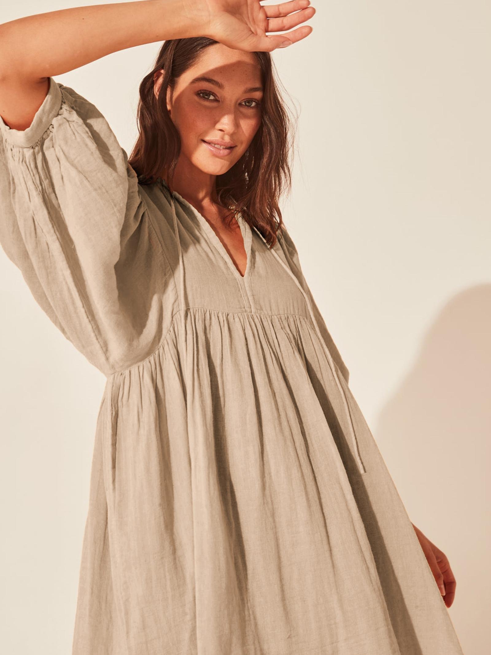 

-Color, Plus-Size, Loose-Fit, Bell-Sleeve Casual And Versatile Dress L бежевый