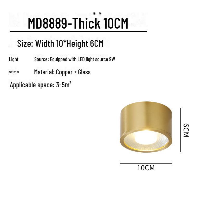 Nordic Luxury Copper LED Surface Downlight - No Hole Needed, Living Room and Corridor Ceiling Lamp.