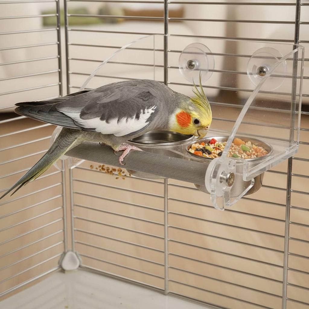 Acrylic Double Bowl Avian Feeder Clear View Parrot Feeder with Perch Pet Supplies Gnaw Resistant