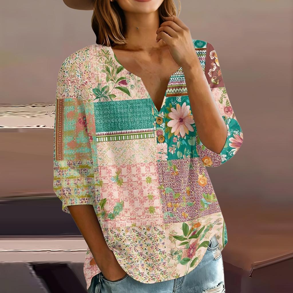 Women’s Cotton Linen Blouse with Patchwork Floral Print Henley Neck Button Front and Three Quarter Sleeves Casual Shirt