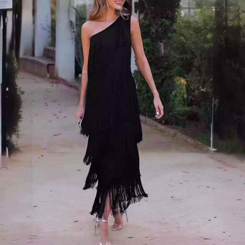  Spring/Summer Asymmetric Tassel Evening Dress - European & American Fashion