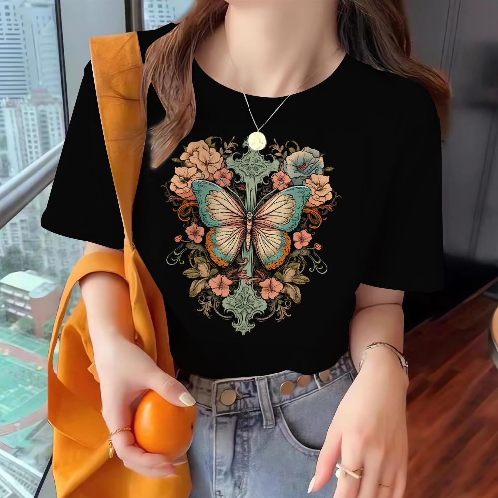 Printed 3D butterfly print women's round neck short sleeved T-shirt casual fashion top