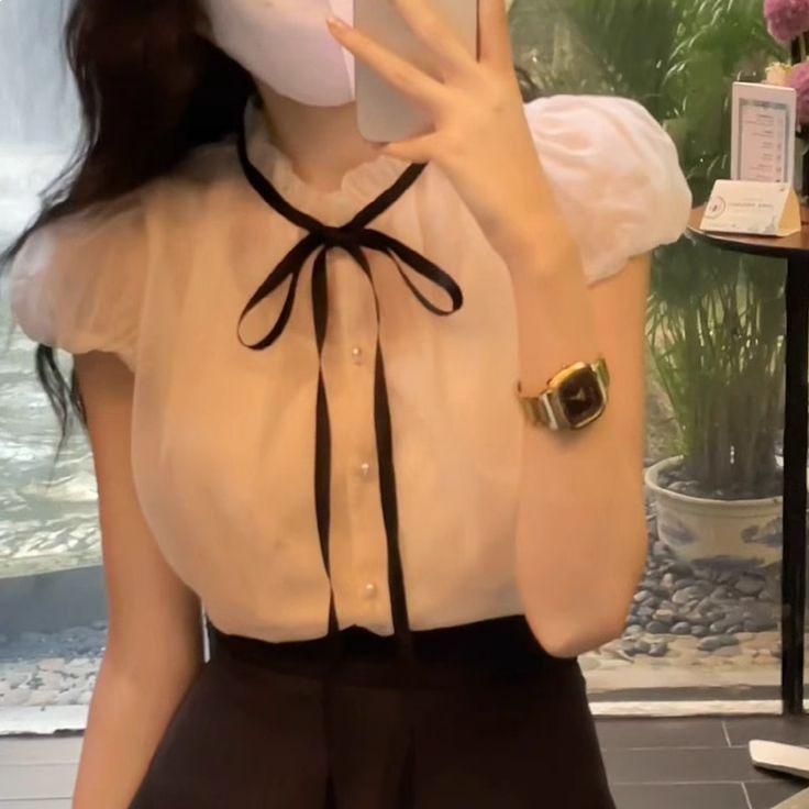 Chic French Bow Tie Chiffon Top with Lace Puff Sleeves for Women