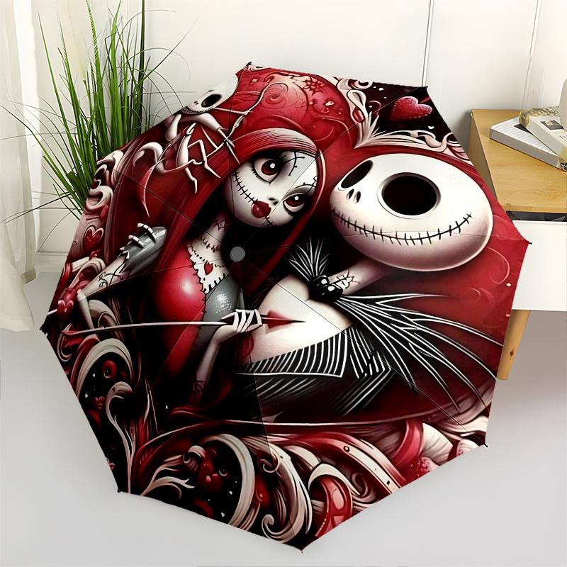 1 Ombrello Portatile Colorato con 8 stecche, a Tema Jack Skellington e Sally, Apribile Automaticamente, per Uomo e Donna, un Compagno Compatto per il Pendolarismo Adatto per Da
