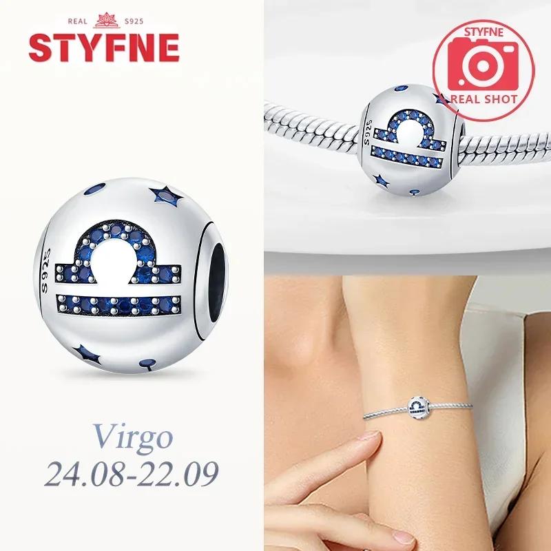 Zircone Blu Elegante Dodici Simboli Zodiacali Gemelli Leone Bilancia Perla in Rame Autentico Adatta a Braccialetti da Donna Fai da Te Regali Accessorio