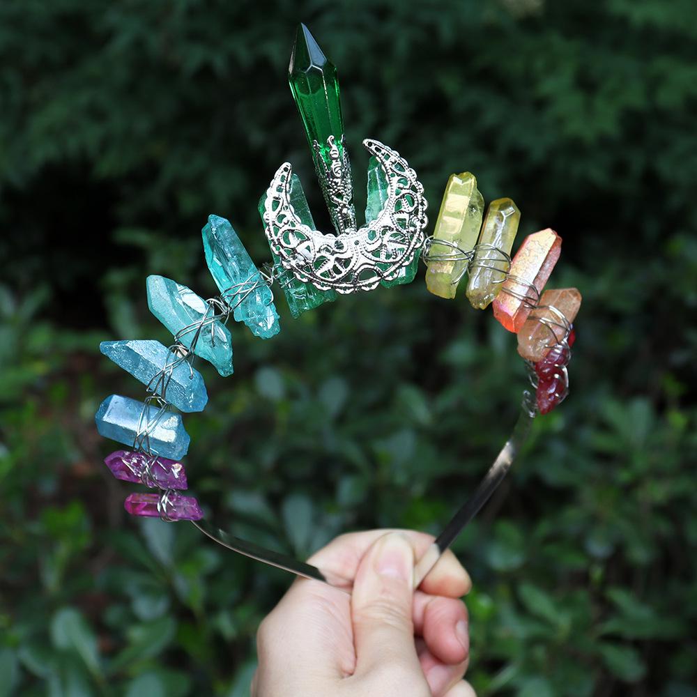 Electroplated Rainbow Crystal Moon Crown Hair Headdress