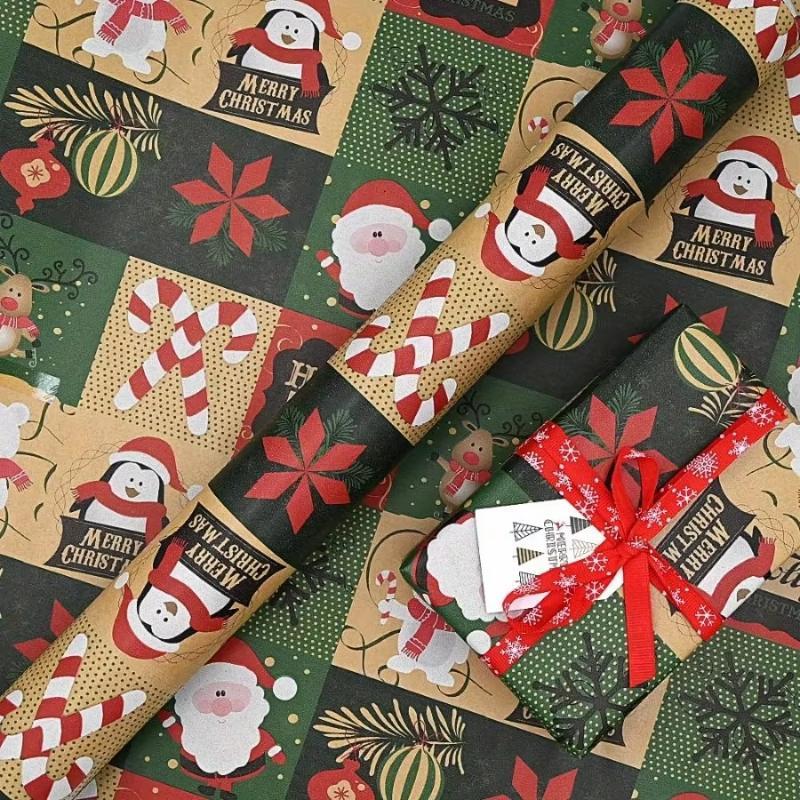 1Pcs Festive Kraft Paper With Snowflake Tree And Patterns Ornament Ideal For Holiday Gift Wrapping Christmas Wrapping Paper Roll