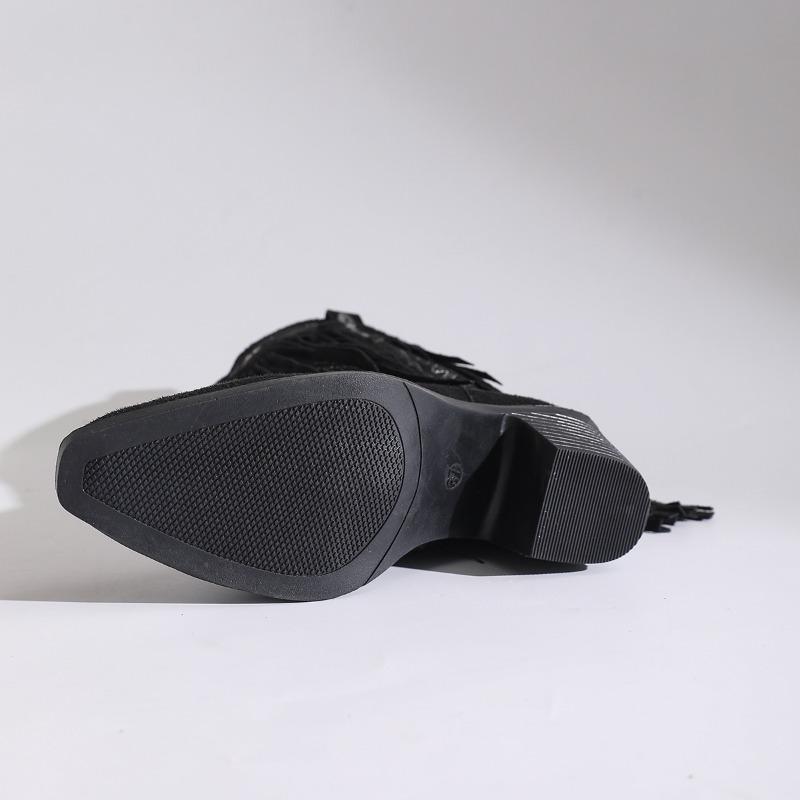 2025 New Pointed Toe V-Mouth Western Fringe Boots Women's Winter Plus Size Thick Heel Embroidered Ethnic Style Knight Boots