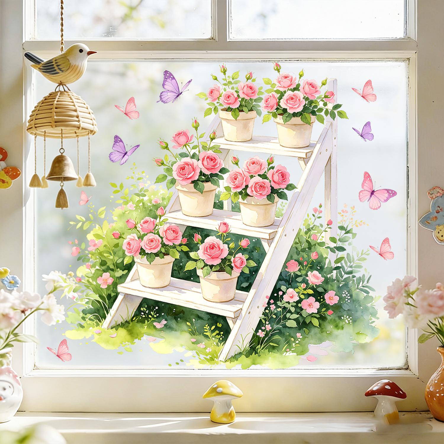 

Watercolor Rose Flower Stand Static Cling Wall Sticker No Residue for Living Room Decor 38x60cm разноцветный